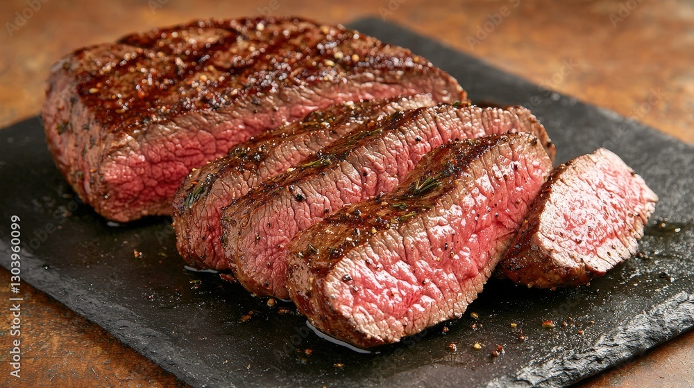 Deliciously grilled steak cuts showcase a juicy interior, perfectly seared exterior, and are served on a stylish black slate platter. Deliciously grilled steak cuts showcase a juicy interior, perfectly seared exterior, and are served on a stylish black slate platter.