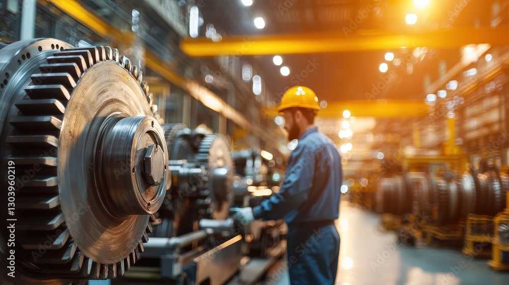 A worker in a safety helmet inspects large machinery in a well-lit industrial setting, highlighting precision and engineering. A worker in a safety helmet inspects large machinery in a well-lit industrial setting, highlighting precision and engineering.
