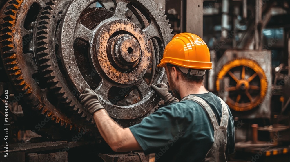 A worker adjusts a large gear in a factory, wearing safety gloves and a helmet, showcasing industrial machinery in action. A worker adjusts a large gear in a factory, wearing safety gloves and a helmet, showcasing industrial machinery in action.