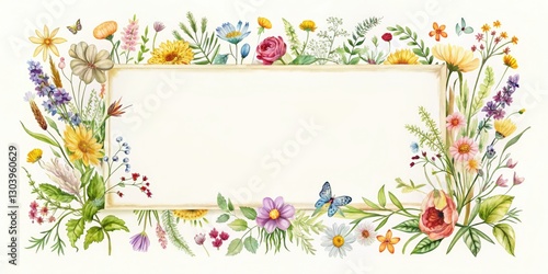 Long Exposure Wildflower Beige Watercolor Rectangle Frame Clipart - Isolated Botanical Photography