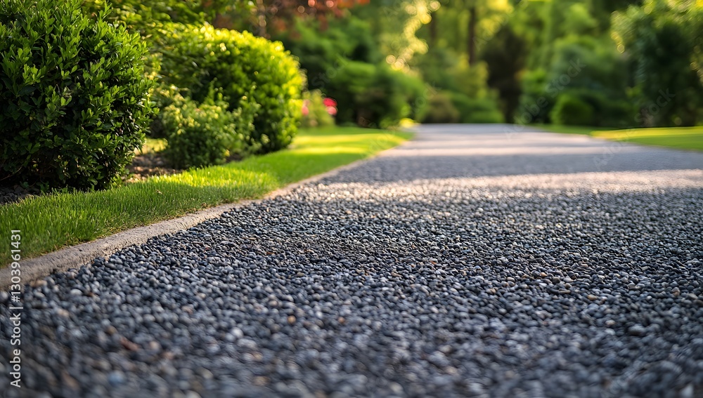Obraz premium Parkway gravel pathway, garden backdrop, sunlit, tranquil