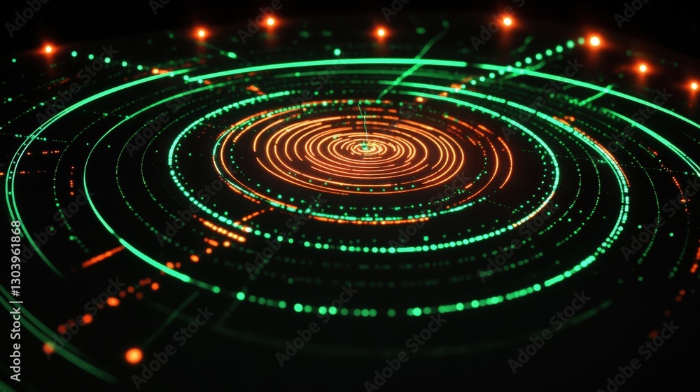 Fototapeta premium A high-tech digital interface displaying a futuristic radar-style HUD with glowing green and orange circular elements.
