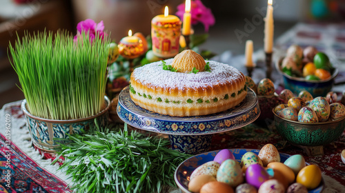 Wallpaper Mural The Novruz Festive Table Adorned with Wheatgrass, Pakhlava, Painted Eggs, and Candles Celebrating the Joy of the Spring New Year Torontodigital.ca