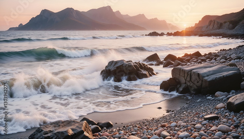 Rocky beach with crashing waves at sunset. 