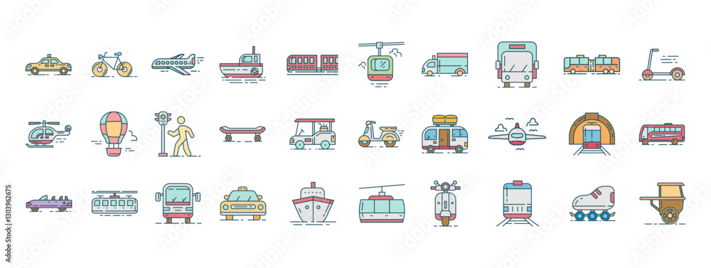 Diverse Collection of Public Transportation Icons Including Bikes, Cars, Buses, Trains, and Other Urban Mobility Vehicles Diverse Collection of Public Transportation Icons Including Bikes, Cars, Buses, Trains, and Other Urban Mobility Vehicles