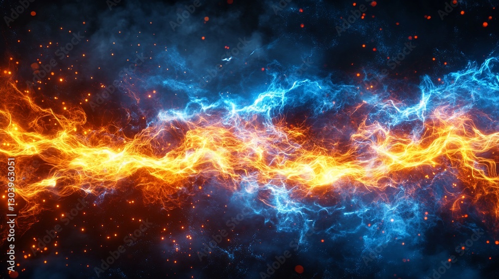 Fiery, icy energy clash, dark background, abstract art, design element Fiery, icy energy clash, dark background, abstract art, design element