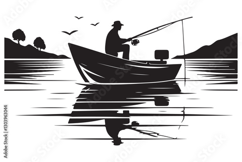Silhouette of fisherman in boat fishing on calm scenic lake