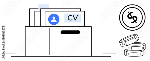 Folder filled with resumes next to coins and dollar sign, representing job hunting, hiring, and career growth. Ideal for recruitment, HR, freelancing, career planning, employment salary negotiation