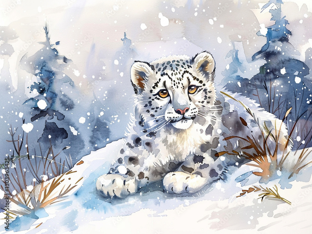 Obraz premium 雪の中で休むユキヒョウの赤ちゃん Generated image