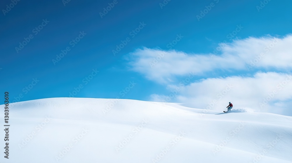 Fototapeta premium snow-dusted mountaintop with lone snowboarder riding down surrounded by vast expanse of white snow with clear blue