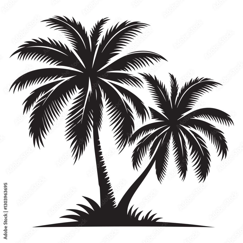 Two Silhouette Palm Trees on a Tropical Island Vector Illustration Two Silhouette Palm Trees on a Tropical Island Vector Illustration