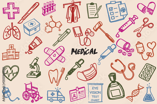 Medical illustrations featuring healthcare symbols and tools
