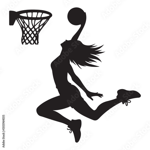 Female Basketball Player Silhouette Dunking Illustration for Sports Designs