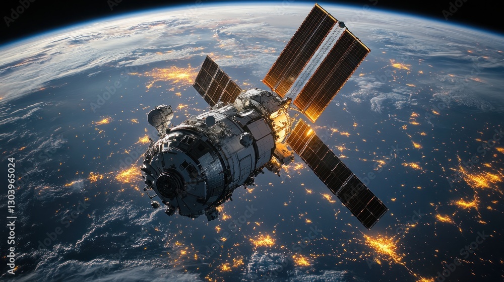 Fototapeta premium A photorealistic view of the International Space Station orbiting above Earth's illuminated cities