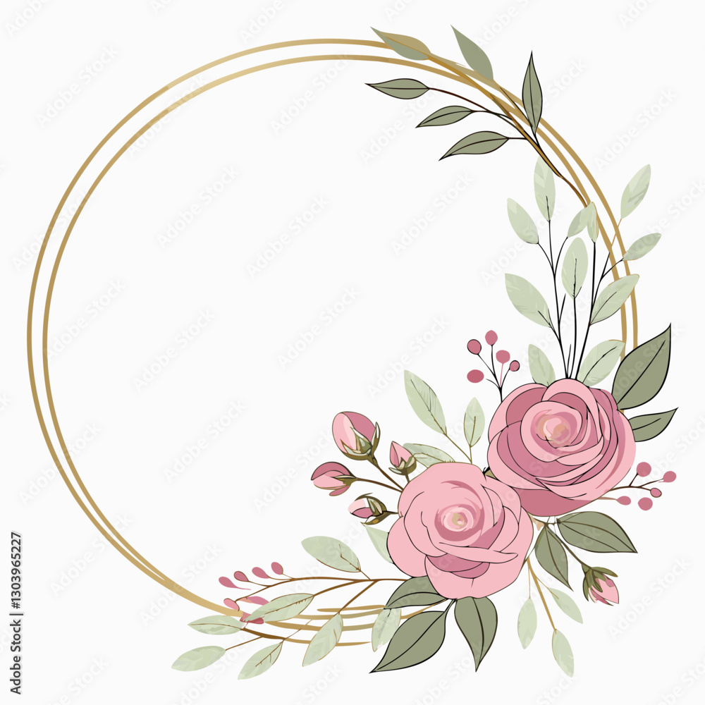 A delicate, elegant floral with a thin gold circular frame. soft pink roses, small blossoms, and lush green leaves arranged symmetrically on both sides of the frame. The watercolour-style flowers A delicate, elegant floral with a thin gold circular frame. soft pink roses, small blossoms, and lush green leaves arranged symmetrically on both sides of the frame. The watercolour-style flowers