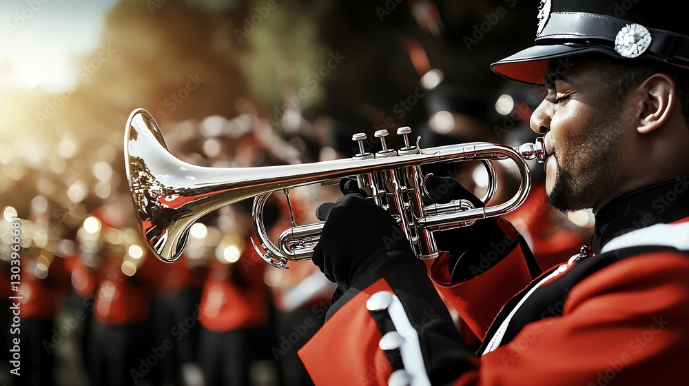 Obraz premium A musician performing passionately with a trumpet during a lively parade, surrounded by a vibrant marching band.