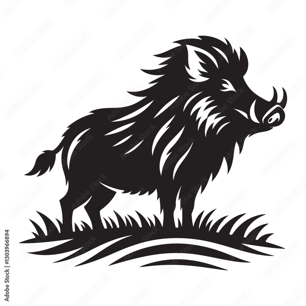 Wild Boar Silhouette Aggressive Pig in Grass Vector Illustration Wild Boar Silhouette Aggressive Pig in Grass Vector Illustration