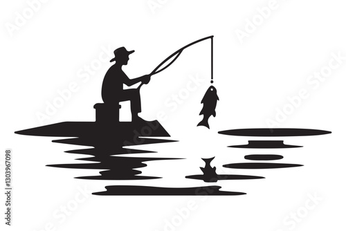 Silhouette Fisherman Catching a Fish Illustration Graphic Vector Design