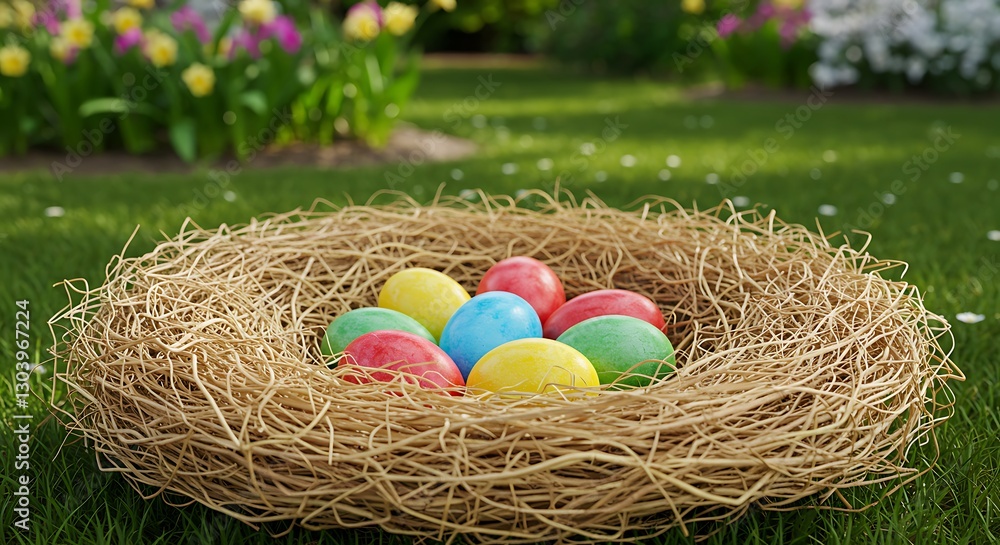 Fototapeta premium Colorful Easter Eggs in Nest on Grass with Flower Background