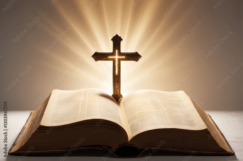 Illuminated cross atop an open bible. Illuminated cross atop an open bible.