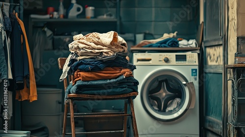 A heap of laundry clothes piled high on a chair near a washing machine.