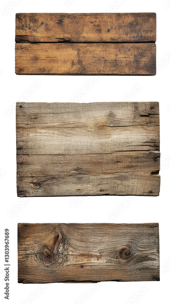 Obraz premium Three rustic wooden planks with varying textures and colors. transparent background