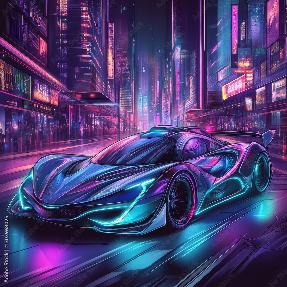 Fototapeta premium A futuristic car parked in a neon lit city at night