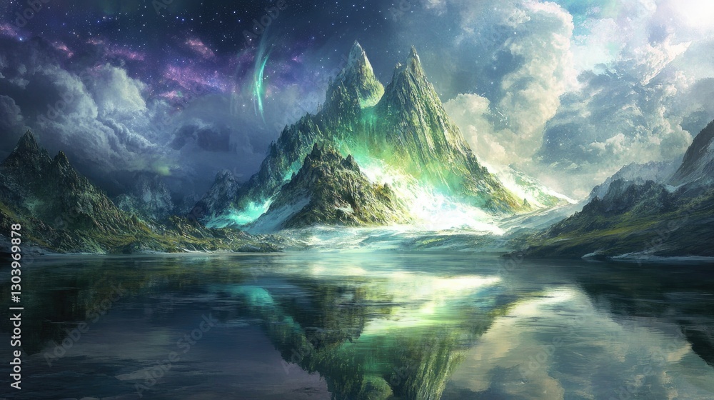 Obraz premium A serene Arctic landscape featuring dramatic ice formations and floating icebergs reflected in still water.