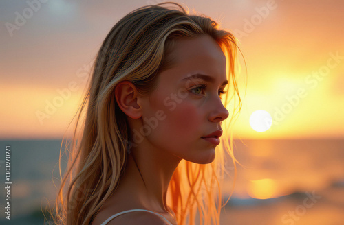 Portrait of a girl with long flowing hair against a sunset sky
