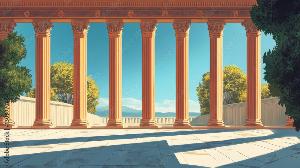 Fototapeta premium Ancient Greek columns with scenic view and vibrant trees