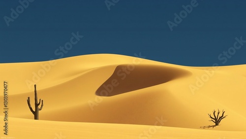 Minimalist Desert Landscape Lone Cactus and Dead Tree Under a Vast Blue Sky