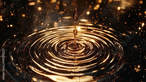 Golden liquid drop falling into water, creating concentric ripples and sparks.