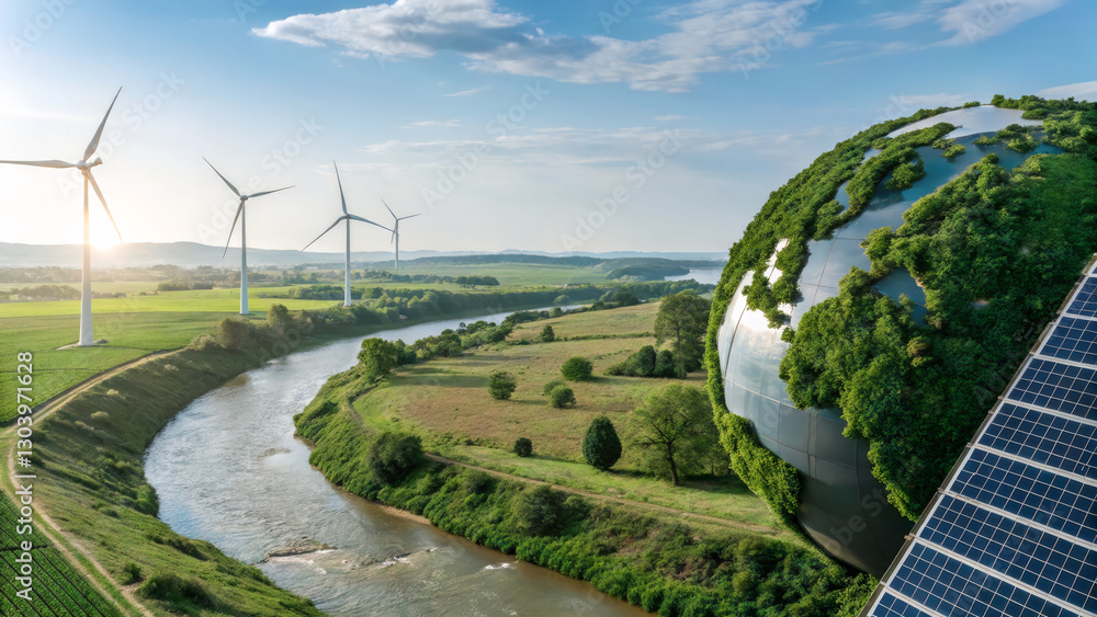 Obraz premium scenic view of wind turbines and solar panels promoting renewable energy, showcasing green planet with lush vegetation. This emphasizes importance of sustainable practices