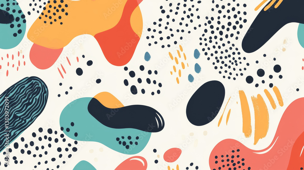 Fototapeta premium Playful seamless pattern with colorful abstract shapes and dots