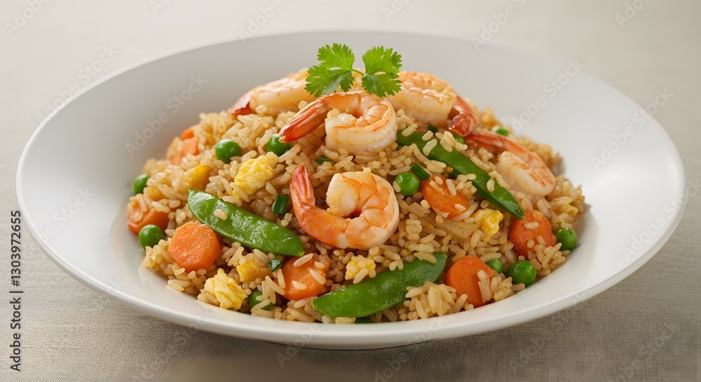 Delicious Shrimp Fried Rice With Vegetables in a White Ceramic Bowl Delicious Shrimp Fried Rice With Vegetables in a White Ceramic Bowl