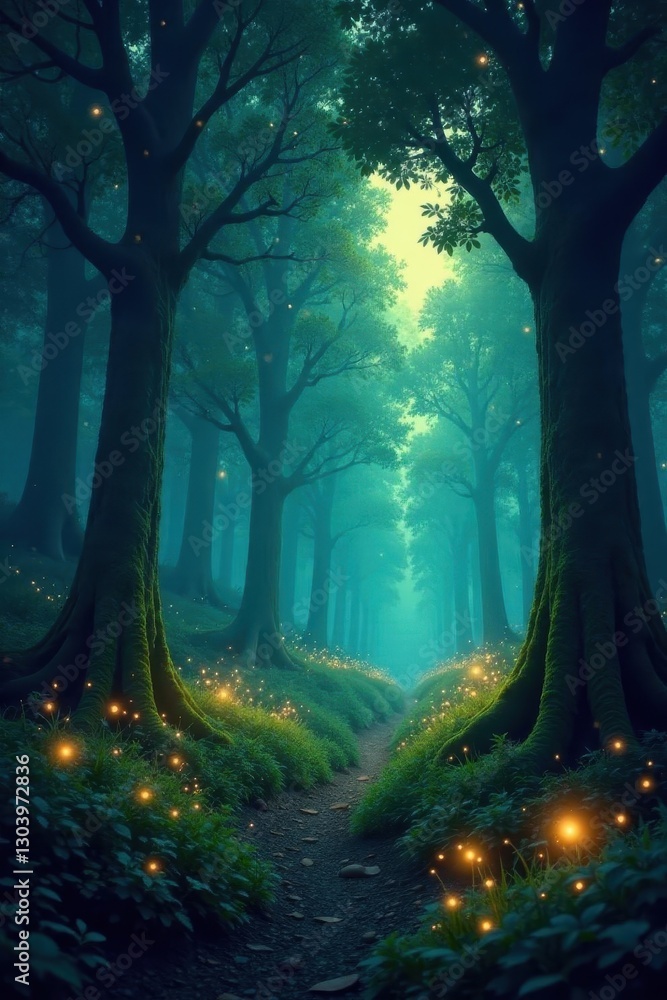 Obraz premium Enchanted forest, glowing fireflies, mystical trees, whimsical, mystical