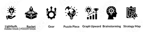 Innovation glyph icon set. Lightbulb, Rocket, Gear, Puzzle Piece, Graph Upward, Brainstorming, Strategy Map