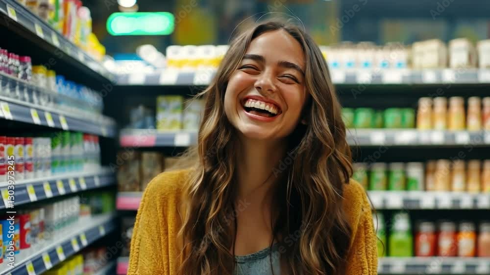 Joyful Shopping: A radiant woman beams with genuine laughter in a grocery store aisle, her expressive eyes mirroring pure delight as she navigates the shelves. Joyful Shopping: A radiant woman beams with genuine laughter in a grocery store aisle, her expressive eyes mirroring pure delight as she navigates the shelves.