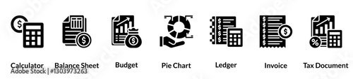 Accounting glyph icon set. Calculator, Balance Sheet, Budget, Pie Chart, Ledger, Invoice, Tax Document