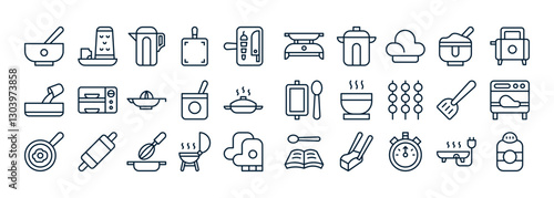 Graphic Icons of Various Cooking Utensils and Ingredients for Culinary Arts and Mealtime Preparation