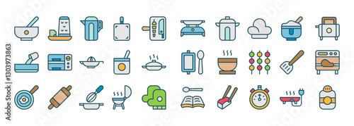 Collection of Cooking Icons Including Utensils Ingredients and Methods for Culinary Art and Meal Preparation