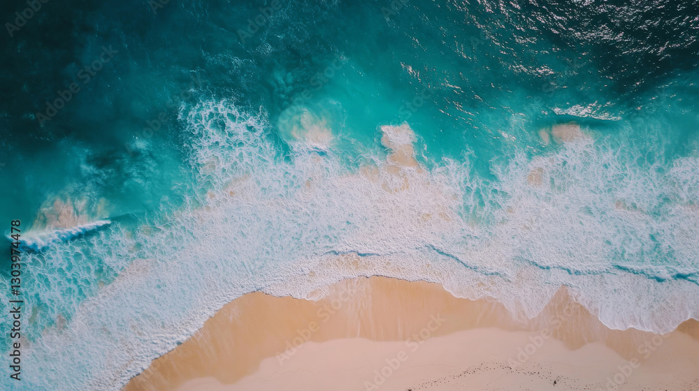 Fototapeta premium Aerial view of turquoise ocean waves crashing on sandy beach