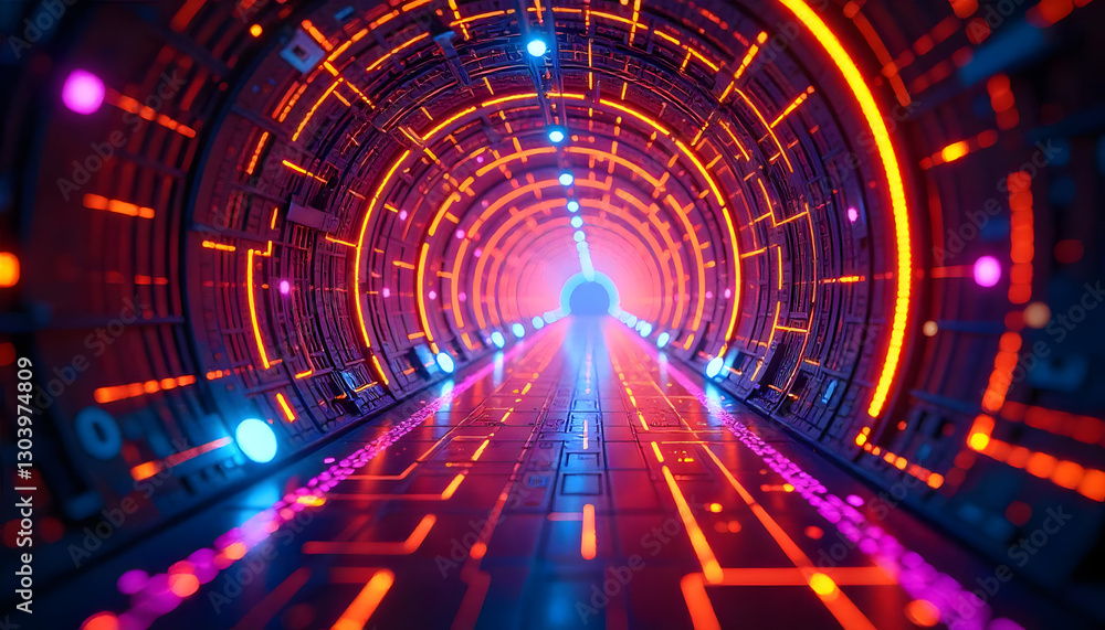Futuristic tunnel with glowing neon lights in vibrant colors, showcasing advanced technology and digital innovation. Futuristic tunnel with glowing neon lights in vibrant colors, showcasing advanced technology and digital innovation.