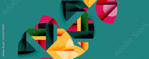 Abstract geometric artwork with interwoven angular and curved shapes, dynamic composition with smooth gradients and bold contrasts