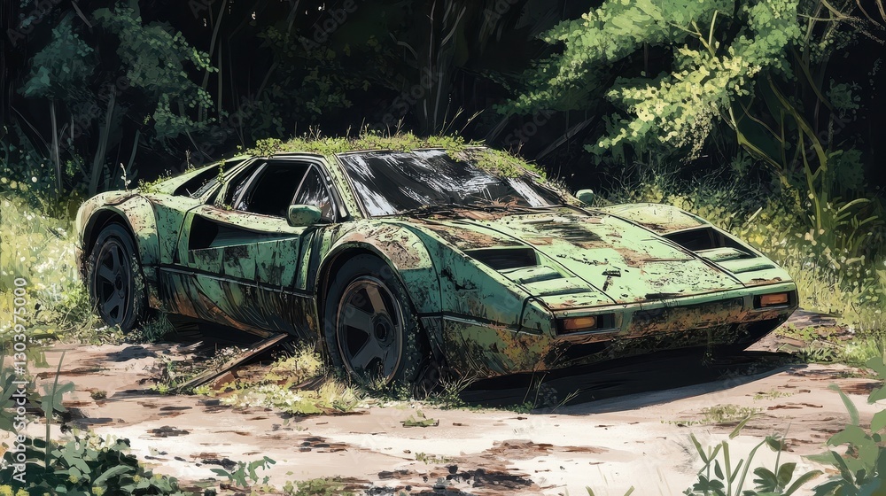 An old sports car covered in vegetation is in a forest An old sports car covered in vegetation is in a forest