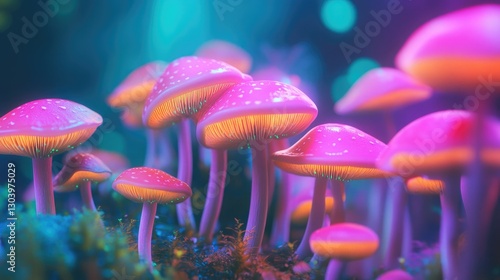 A vibrant cluster of colorful mushrooms in various shapes and sizes,