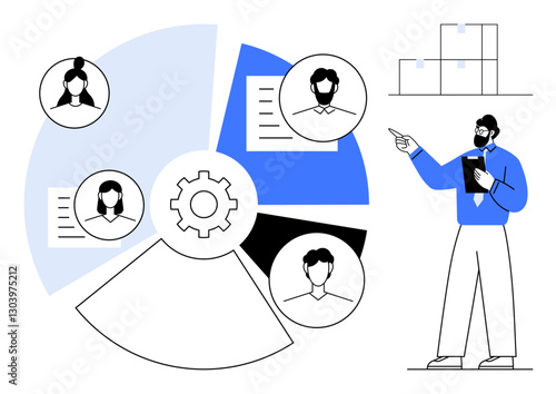 Man presenting team performance analysis beside gear and segmented pie chart. Four team profiles linked to workflow icons. Ideal for strategy, collaboration, workflow, leadership, organization