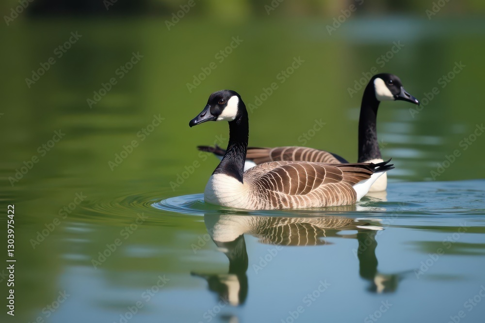 Canadian geese glide on calm water, necks arched , avian, aquatic Canadian geese glide on calm water, necks arched , avian, aquatic