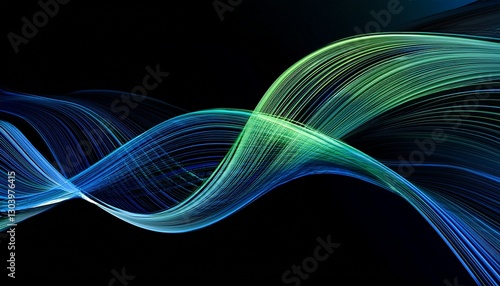abstract wavy and curl blue and green lines on black background