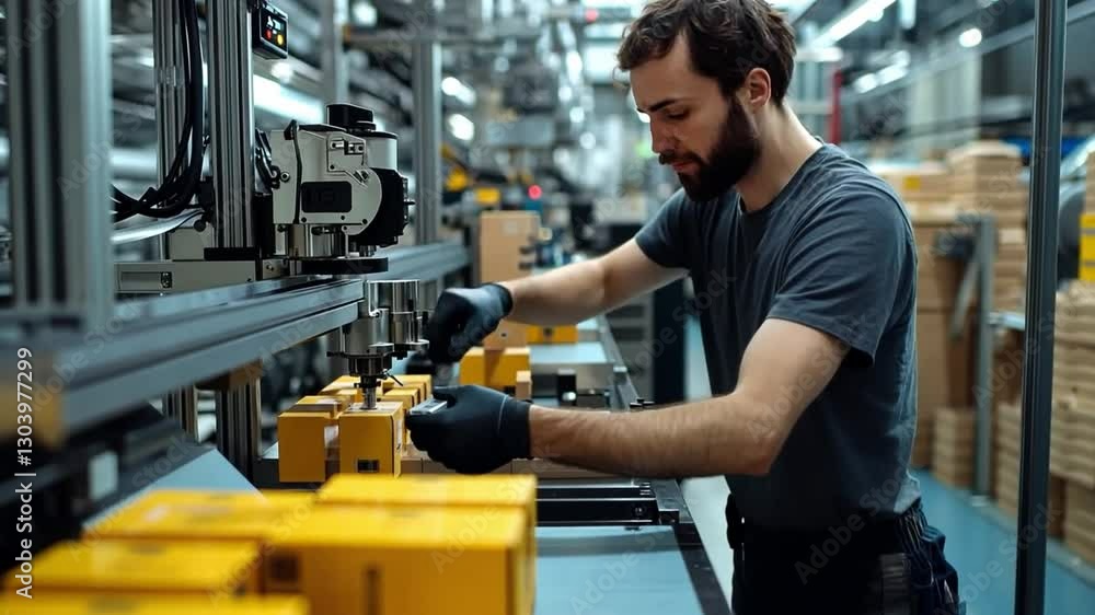 Industrial Precision: A skilled technician meticulously works in a modern, well-lit industrial setting. Focus on productivity, with the details of a precision engineering process. Industrial Precision: A skilled technician meticulously works in a modern, well-lit industrial setting. Focus on productivity, with the details of a precision engineering process.